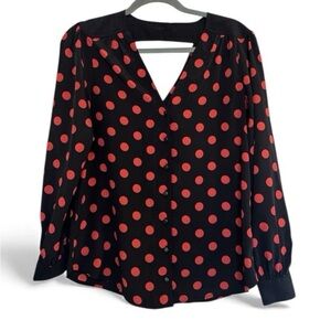 Bellatrix Black Blouse with Red Polka Dots v Neck Button Women’s S Long Sleeves